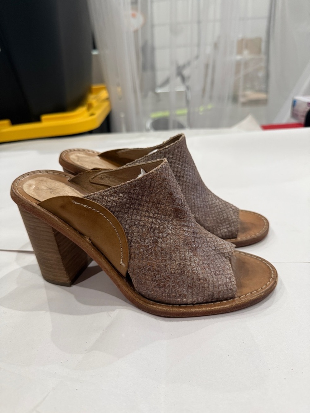 Free People Taupe Textured Open-Toe Block Heel Mules